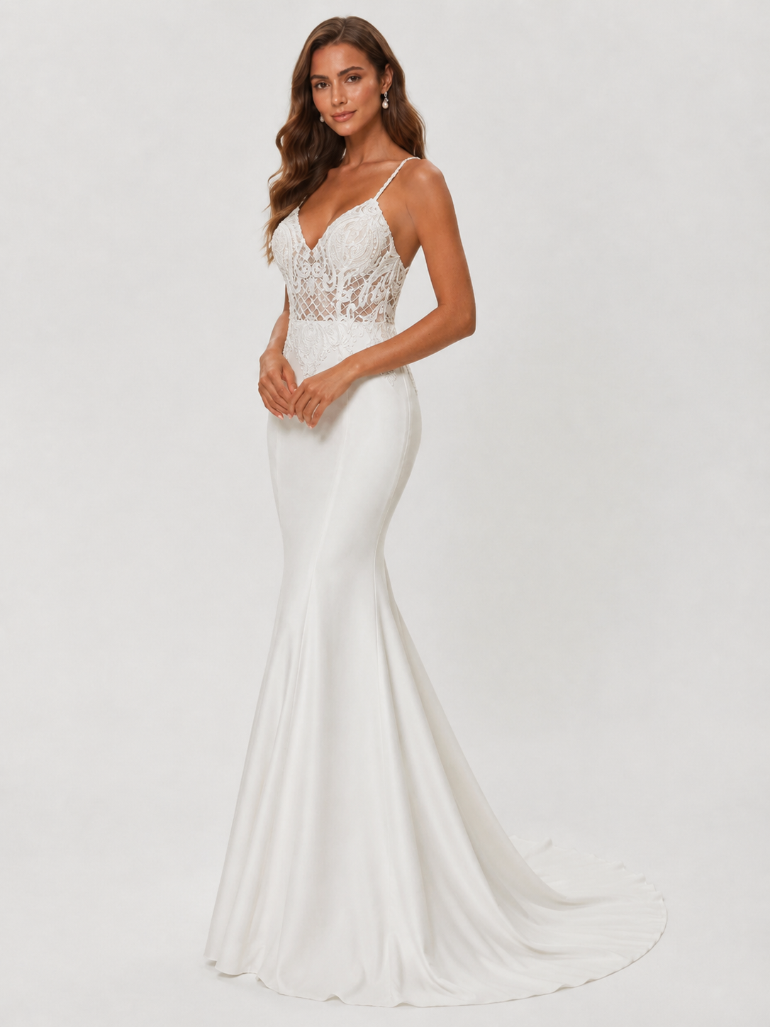 Elegant Beaded Lace Applique Satin Sheath Wedding Dress with Sweep Train
