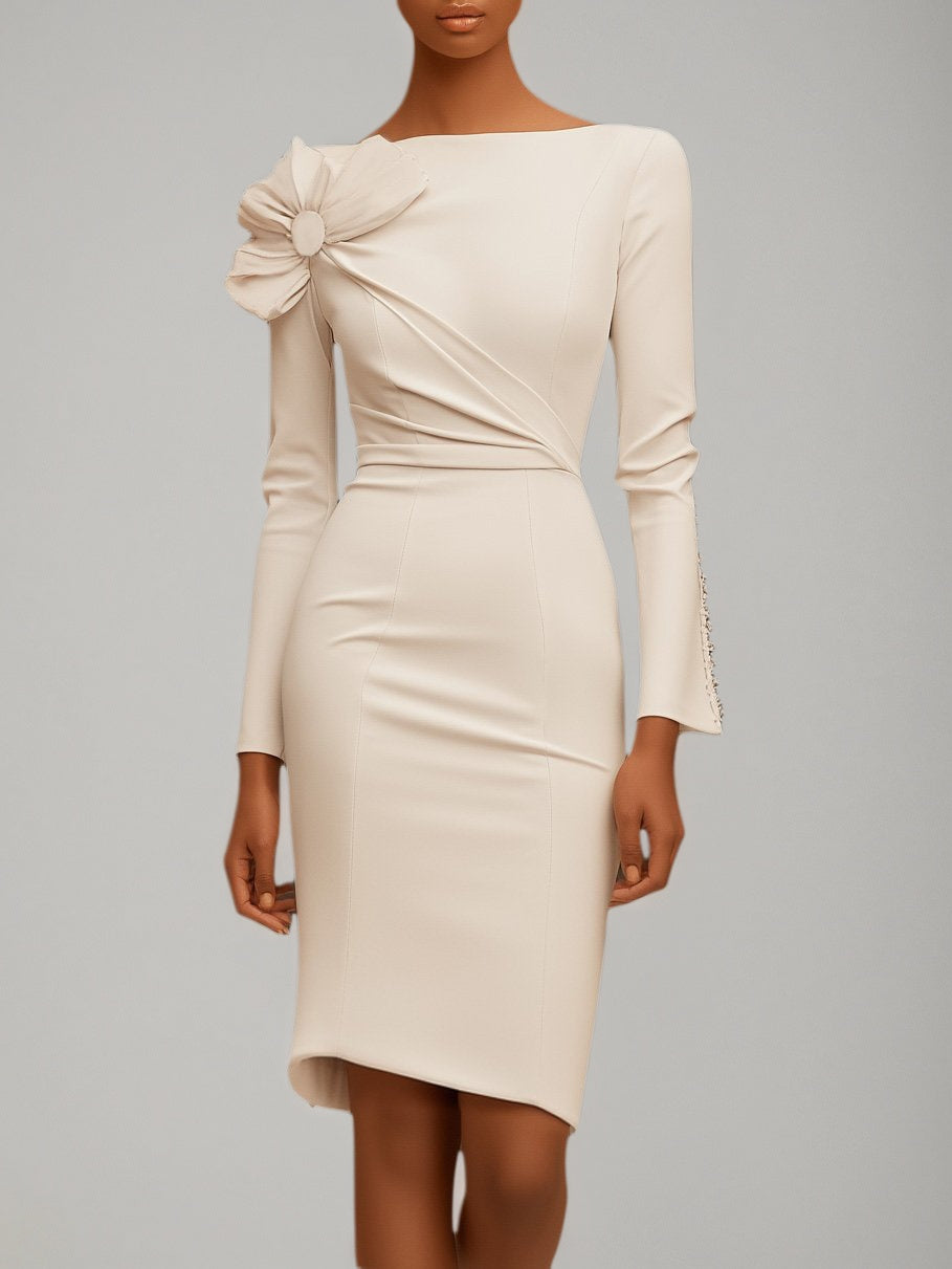 White Bow Long Sleeve Sheath Midi Dress