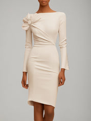 White Bow Long Sleeve Sheath Midi Dress