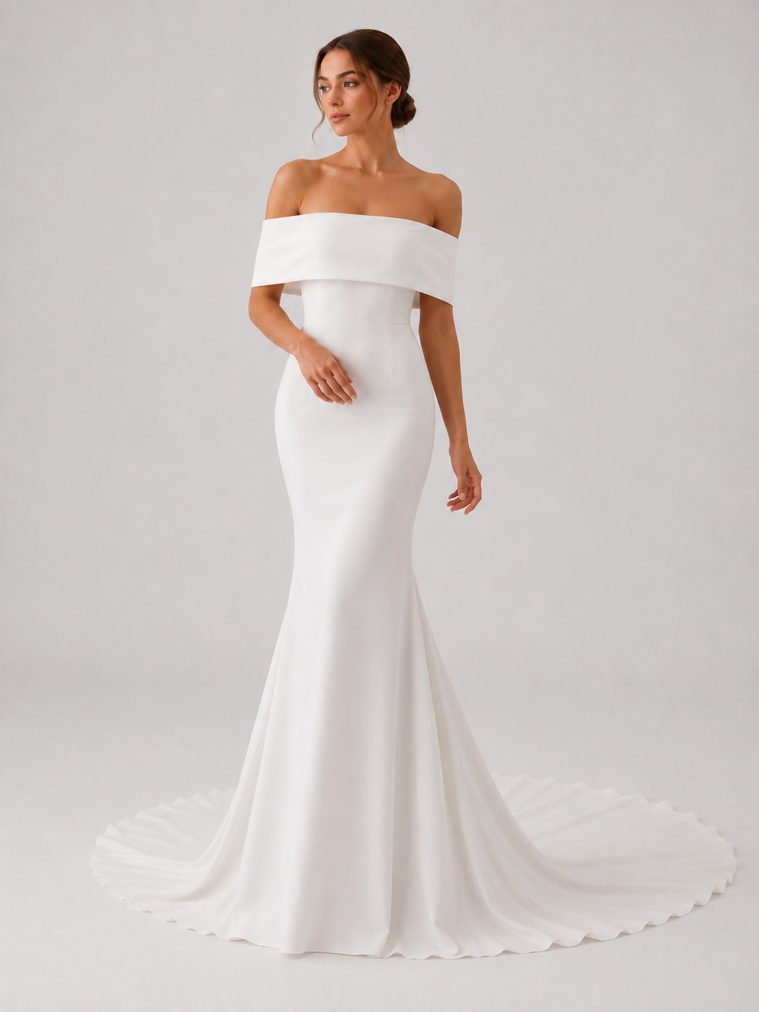 Elegant Off-the-Shoulder Folded Collar Satin Mermaid Wedding Dress with Chapel Train