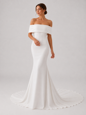 Elegant Off-the-Shoulder Folded Collar Satin Mermaid Wedding Dress with Chapel Train
