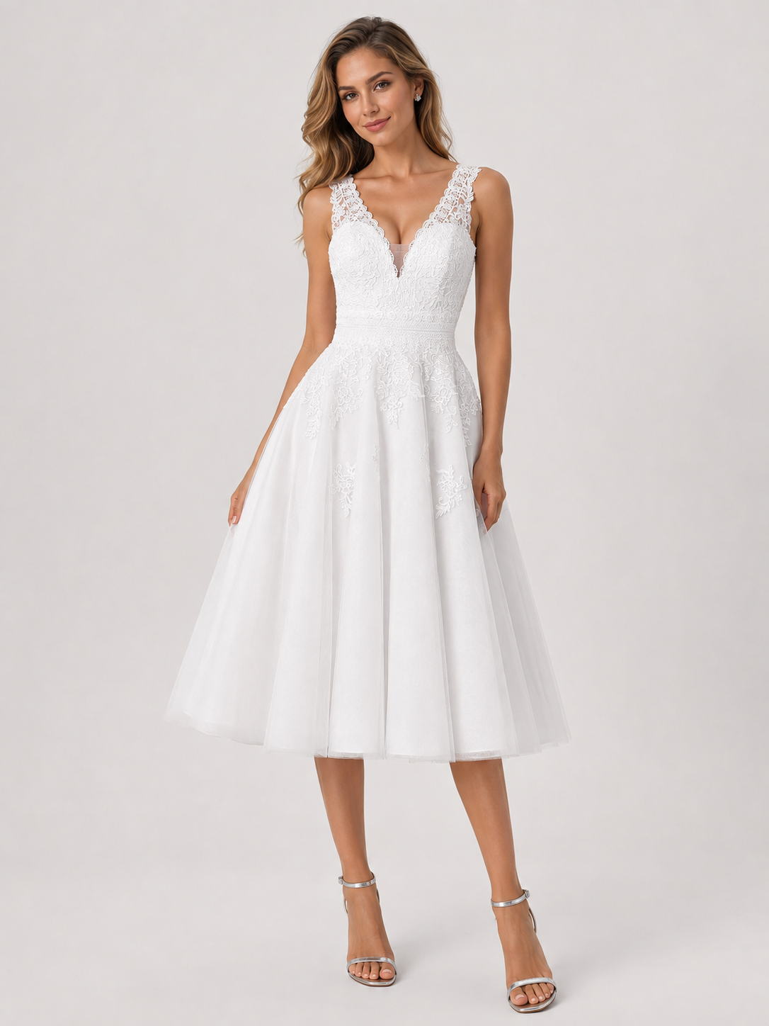 Elegant V-Neck Lace Appliqued Midi A-Line Wedding Dress