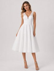 Elegant V-Neck Lace Appliqued Midi A-Line Wedding Dress