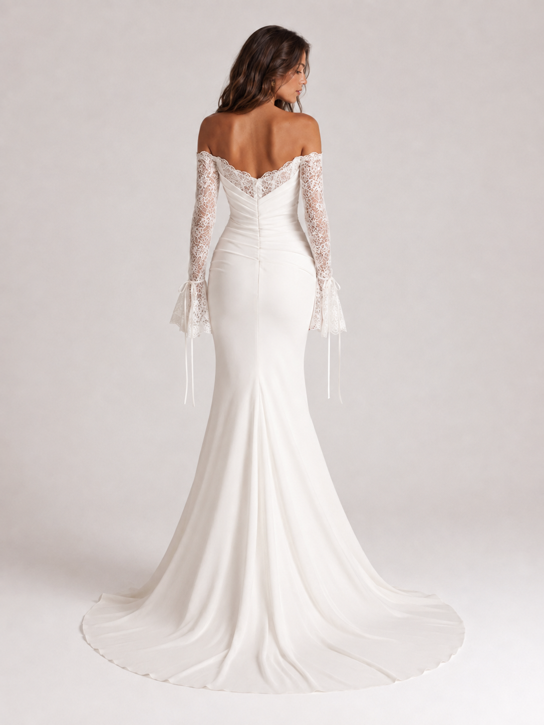 Elegant Off-the-Shoulder Draped Satin Mermaid Wedding Dress with Lace Bell Sleeves and Chapel Train