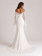 Elegant Off-the-Shoulder Draped Satin Mermaid Wedding Dress with Lace Bell Sleeves and Chapel Train