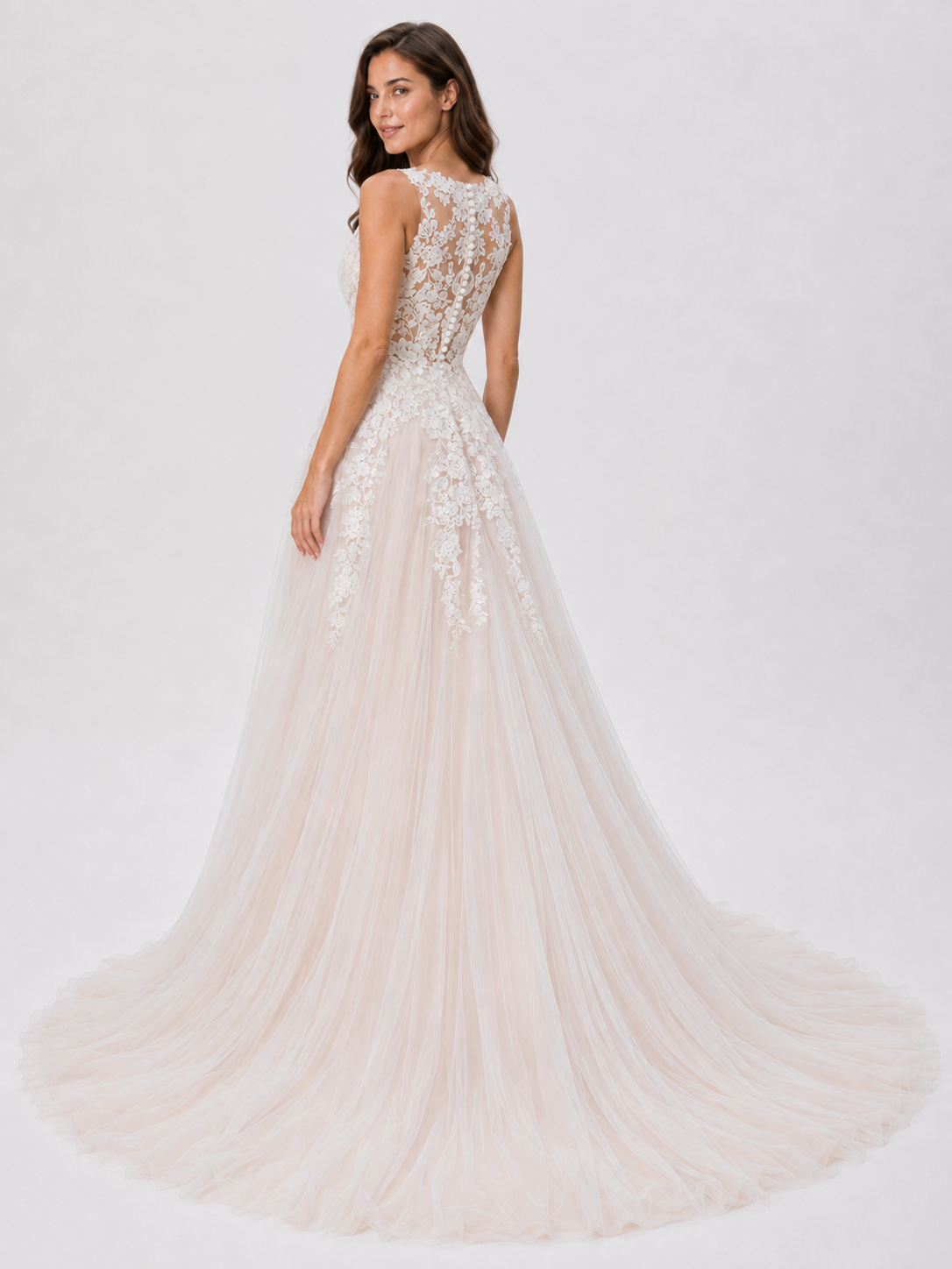Elegant Illusion V-Neck Lace Applique A-Line Wedding Dress with Chapel Train