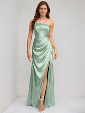Agave Satin A Line One Shoulder Sleeveless Floor Length Bridesmaid Dress