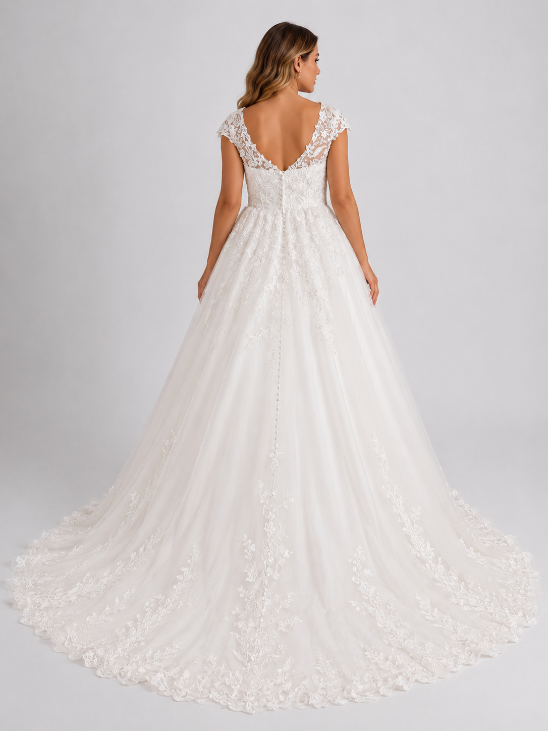 Elegant Cap Sleeve Lace Applique A-Line Wedding Dress with Chapel Train