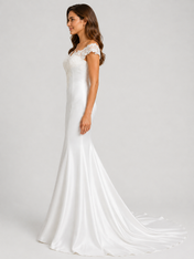 Elegant Off-the-Shoulder Lace-Embellished Satin Mermaid Wedding Dress with Chapel Train