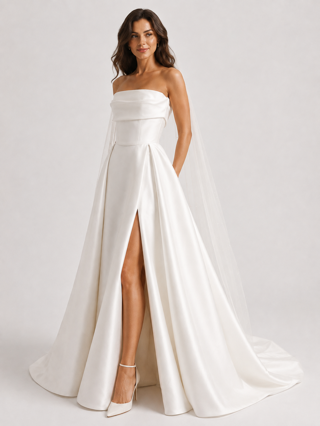 Elegant Strapless Satin A-Line Wedding Dress with High Slit and Sweep Train