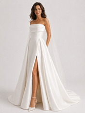 Elegant Strapless Satin A-Line Wedding Dress with High Slit and Sweep Train