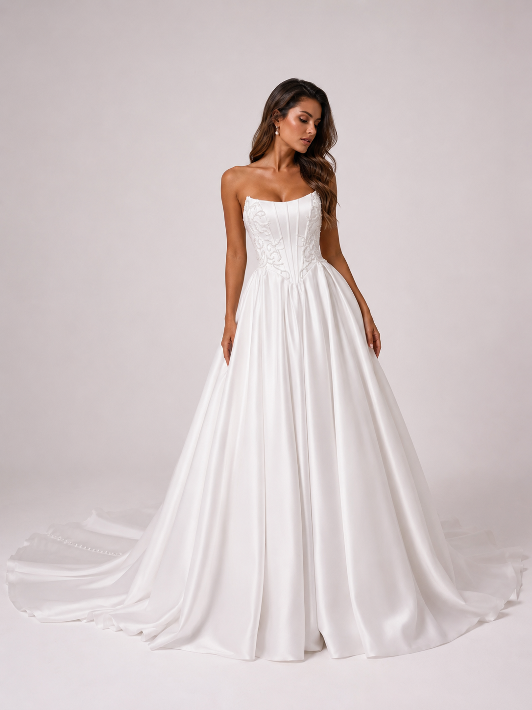 Elegant Strapless Embroidered Bodice Satin A-Line Wedding Dress with Chapel Train