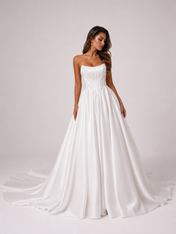 Elegant Strapless Embroidered Bodice Satin A-Line Wedding Dress with Chapel Train
