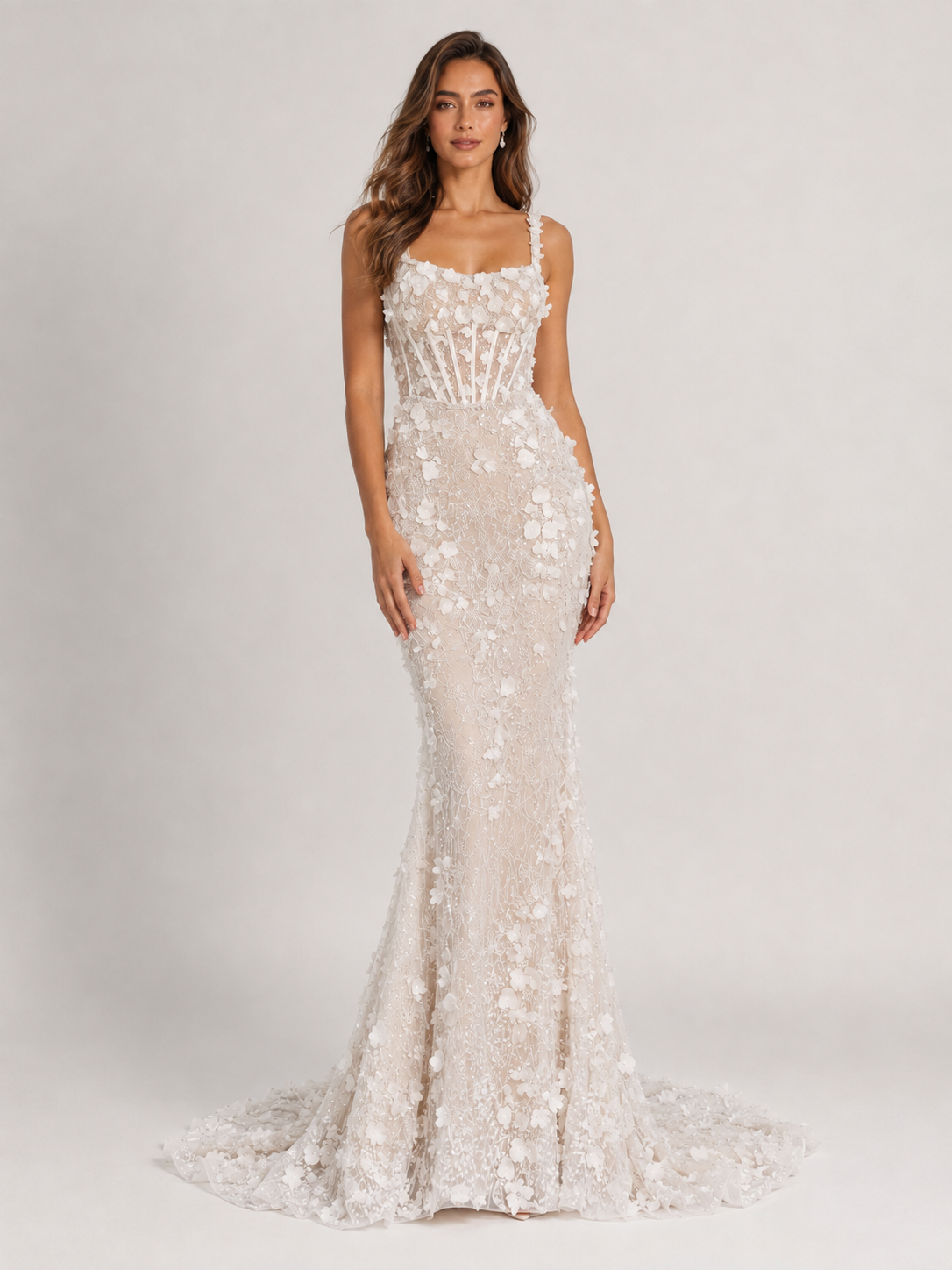 Elegant Square-Neck 3D Floral Lace Mermaid Wedding Dress with Sweep Train