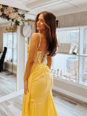 Yellow Mermaid Spaghetti Straps Sweetheart Sequins Long Prom Dress with Slit