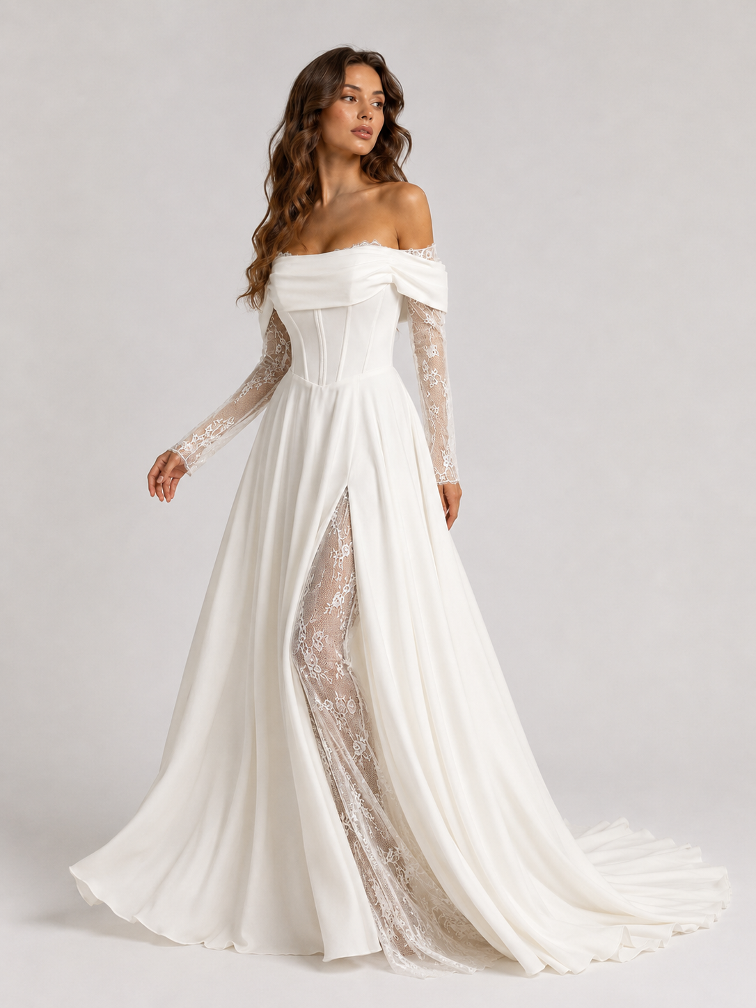 Elegant Off-the-Shoulder Corset Satin A-Line Wedding Dress with Lace Sleeves and High Slit