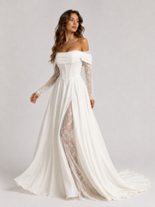 Elegant Off-the-Shoulder Corset Satin A-Line Wedding Dress with Lace Sleeves and High Slit