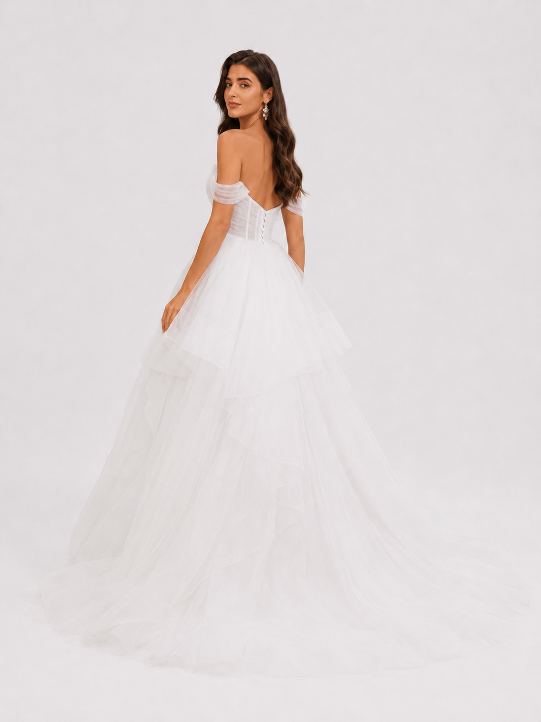 Elegant Off-the-Shoulder Tiered Tulle A-Line Wedding Dress with Chapel Train