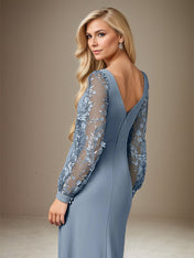 Dusty Blue Stretch Crepe Round Neck Long Sleeves Floor Length Dress With Appliques