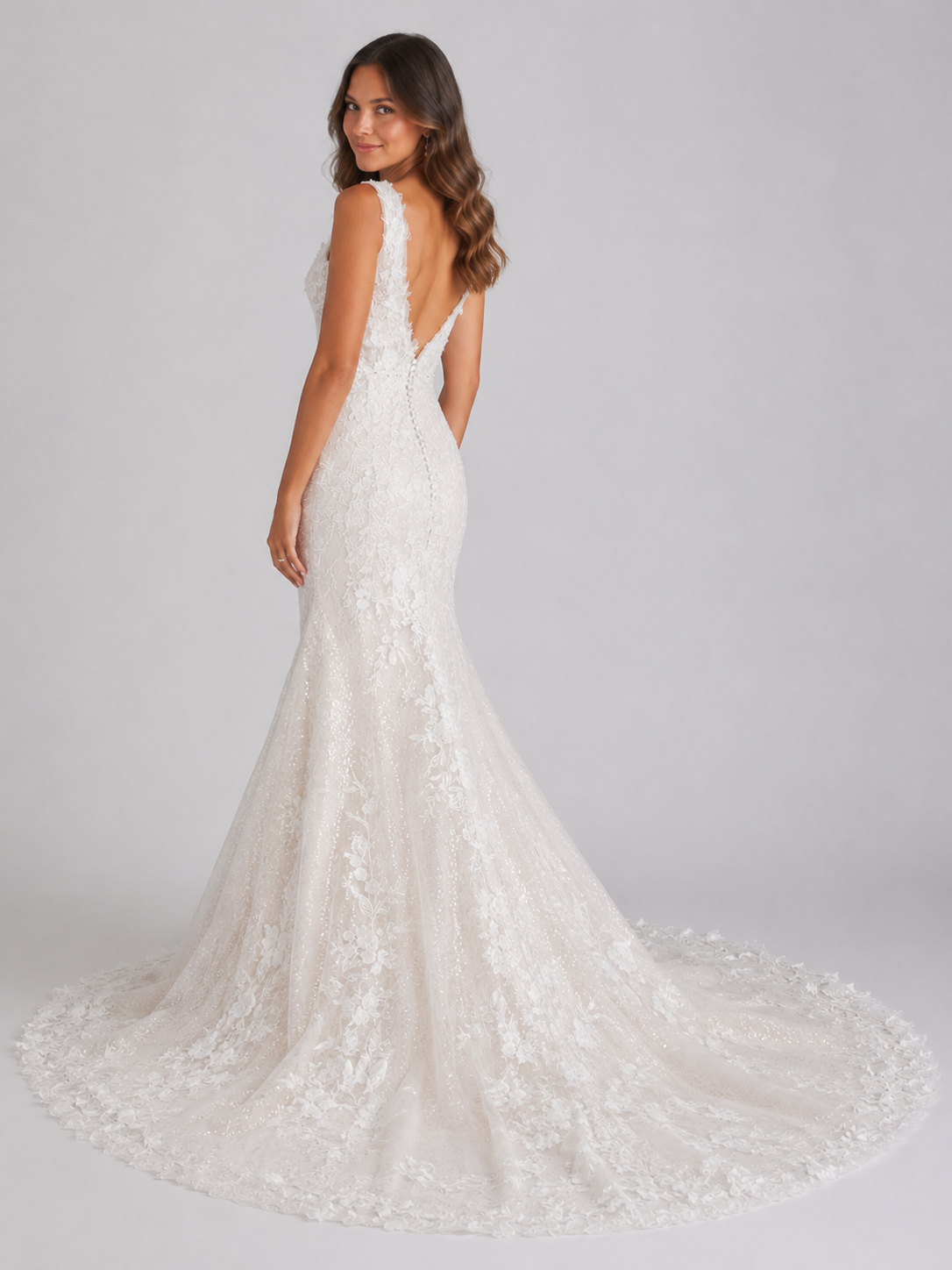 Elegant Square Neckline Lace Mermaid Wedding Dress with V-Back and Sweep Train