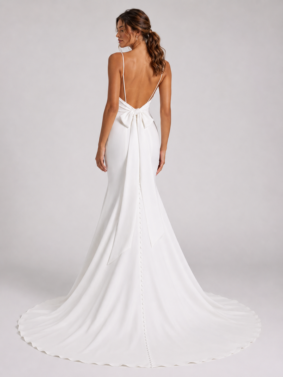 Elegant V-Neck Bow-Back Satin Mermaid Wedding Dress with Chapel Train