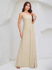 Ivory A Line Chiffon One Shoulder Sleeveless Floor Length Dress With High Slit