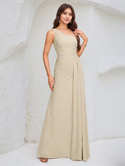 Ivory A Line Chiffon One Shoulder Sleeveless Floor Length Dress With High Slit