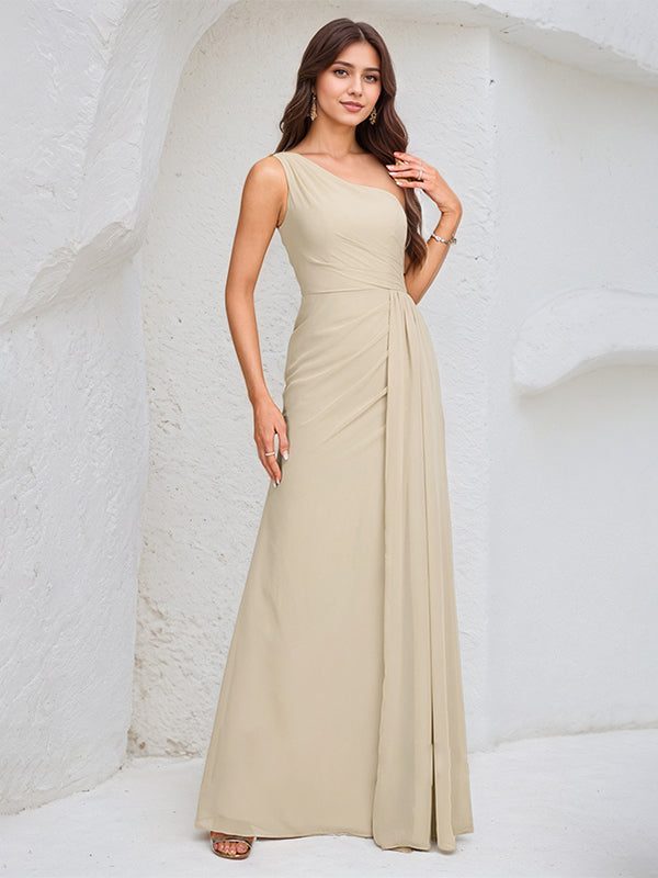 Ivory A Line Chiffon One Shoulder Sleeveless Floor Length Dress With High Slit