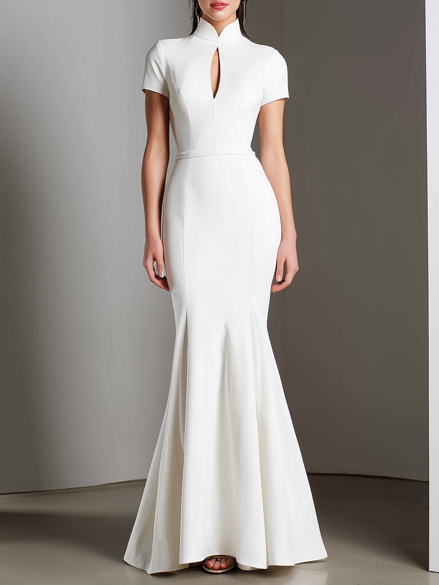 Chic White High Neck Keyhole Mermaid Gown Dress