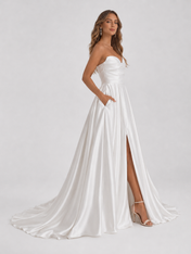 Elegant Strapless Ruched Satin A-Line Wedding Dress with High Slit and Chapel Train