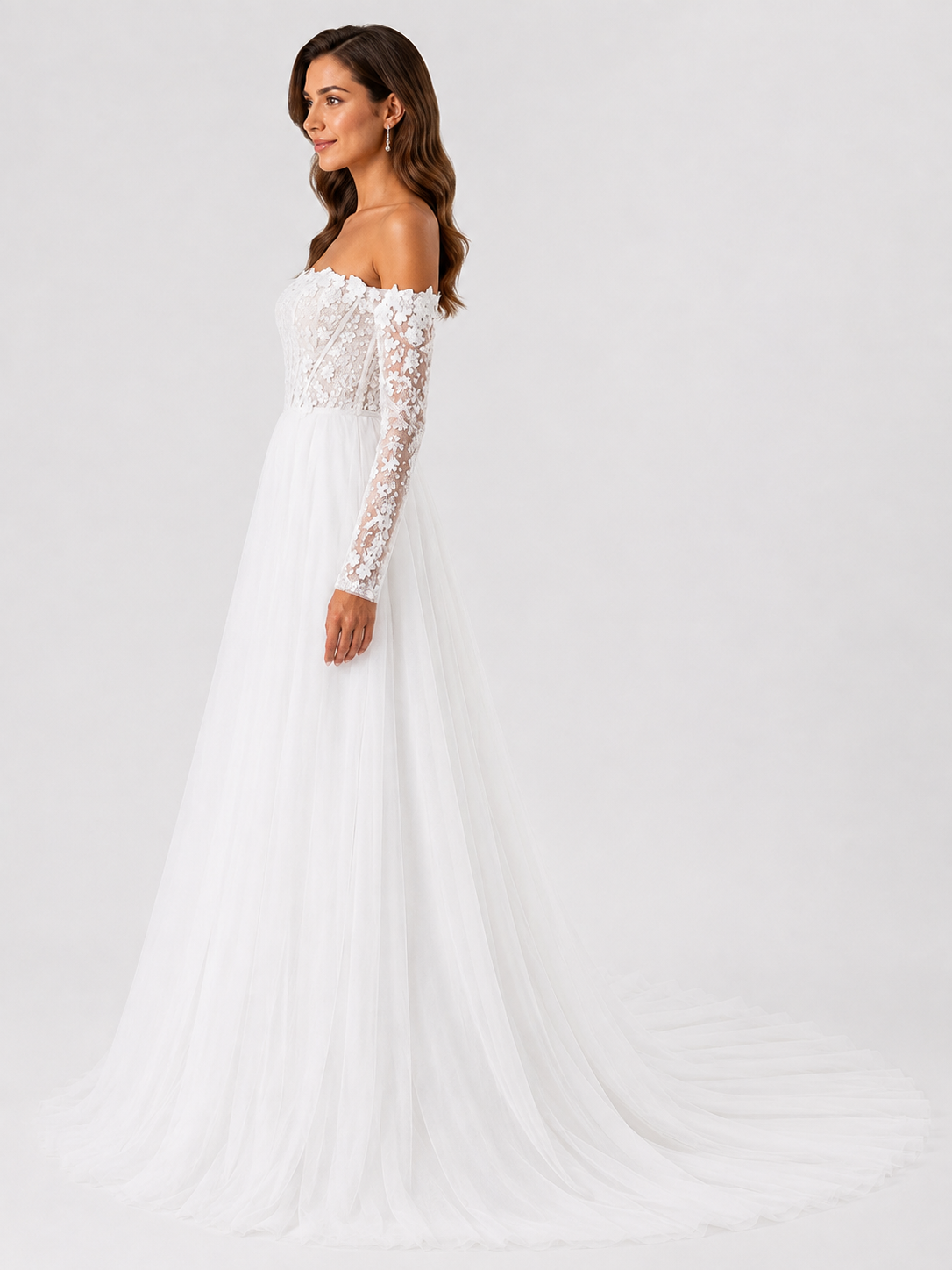 Elegant Off-the-Shoulder Lace Applique Tulle A-Line Wedding Dress with Chapel Train