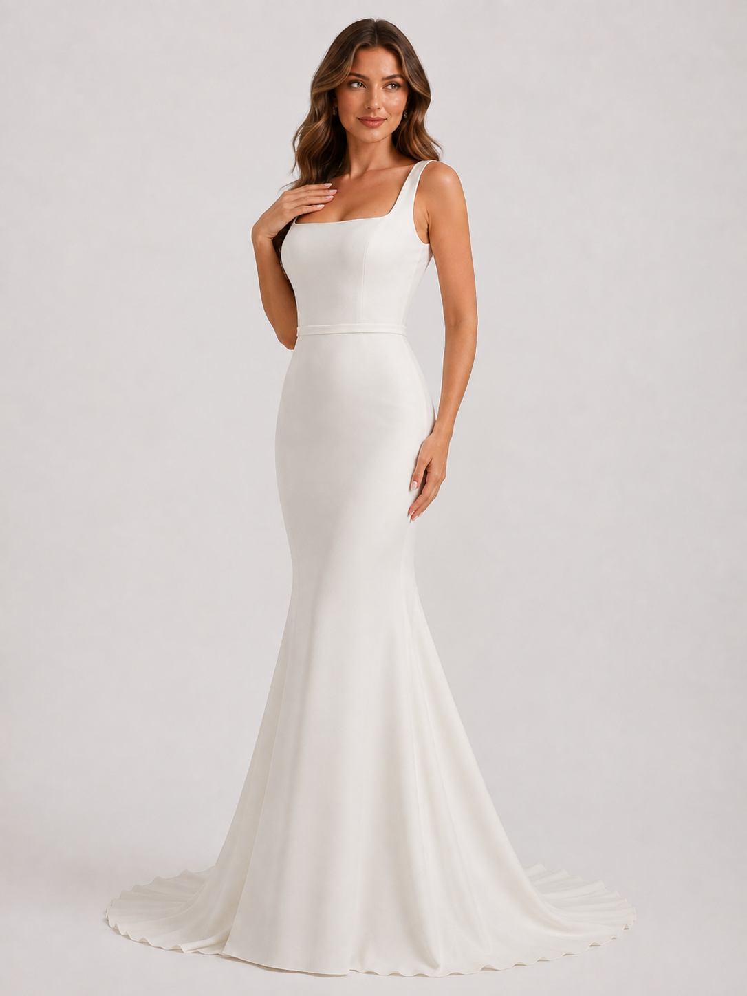 Elegant Square Neck Satin Sheath Wedding Dress with Lace-Up Back and Chapel Train