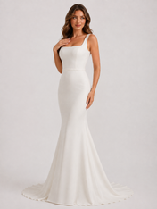 Elegant Square Neck Satin Sheath Wedding Dress with Lace-Up Back and Chapel Train