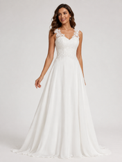 Elegant Lace Applique V-Neck Chiffon A-Line Wedding Dress with Chapel Train