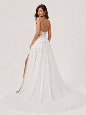 Elegant Strapless 3D Floral Appliquéd Tulle A-Line Wedding Dress with High Slit and Chapel Train