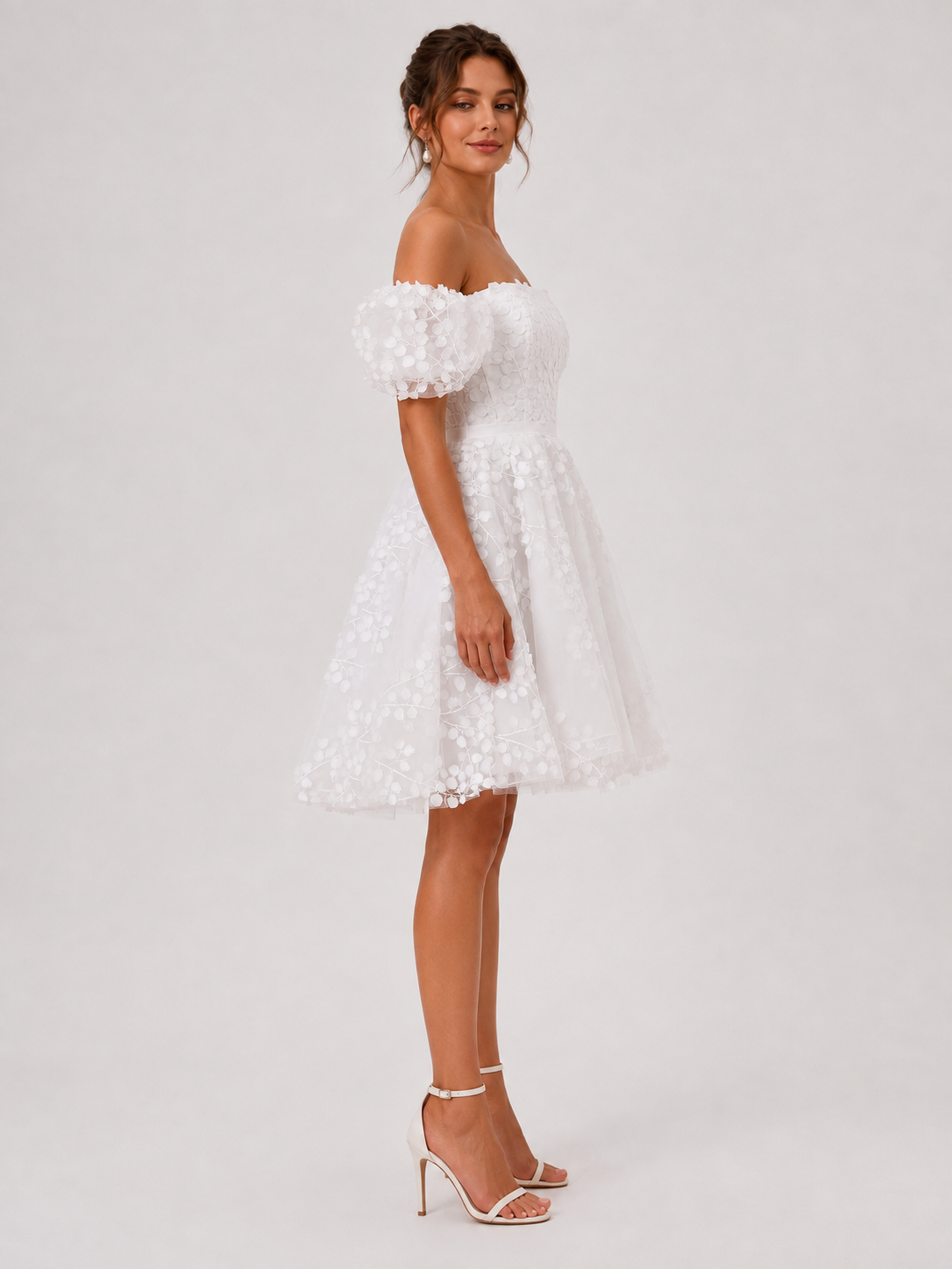 Elegant Off-the-Shoulder Short Bubble Sleeve A-Line Wedding Dress with Textured Floral Tulle