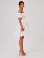 Elegant Off-the-Shoulder Short Bubble Sleeve A-Line Wedding Dress with Textured Floral Tulle