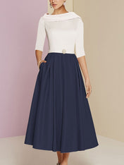 A-Line/Princess Jewel Neck Half Sleeve Tea Length Mother of the Bride Dresses with Pockets Pleats