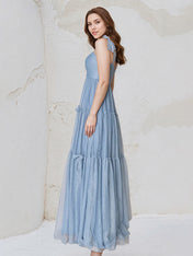 A Line Dusty Blue Chiffon Spaghetti Straps Sleeveless Floor Length Dress With Bows