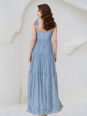 A Line Dusty Blue Chiffon Spaghetti Straps Sleeveless Floor Length Dress With Bows