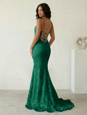 Light Blue Floral Embroidered Spaghetti Strap Prom Dresses