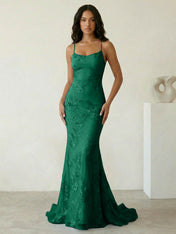 Light Blue Floral Embroidered Spaghetti Strap Prom Dresses