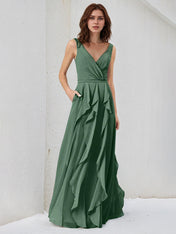 Eucalyptus A Line Chiffon A Line V Neck Sleeveless Floor Length Bridesmaid Dress