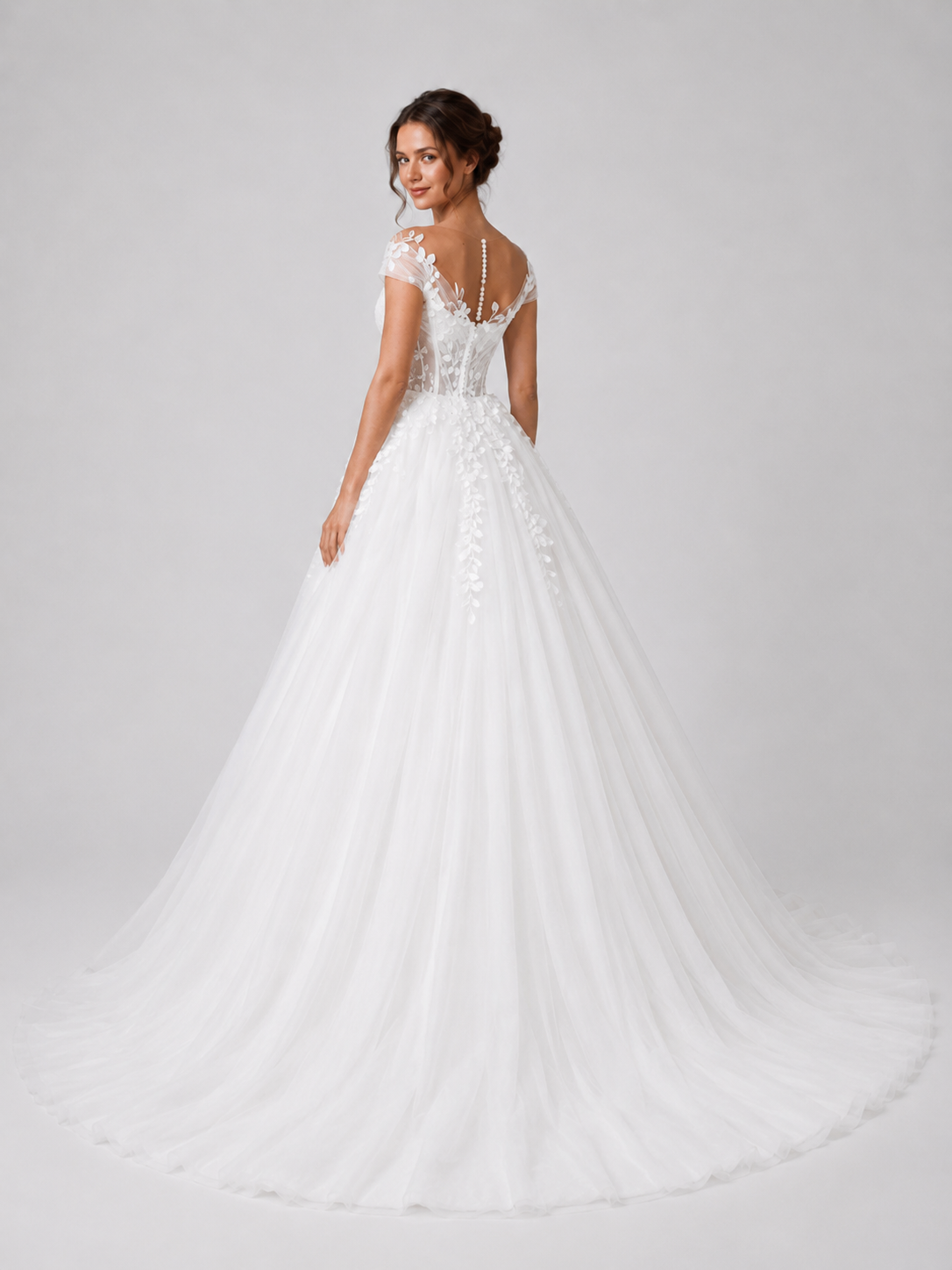 Elegant Cap Sleeve Lace Applique Tulle A-Line Wedding Dress with Chapel Train
