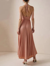 Wedding Guest Casual Dress Light Pink Halter Neck Pleated Maxi Dress