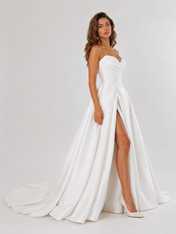 Elegant Off-the-Shoulder Ruched Satin A-Line Wedding Dress with High Slit and Chapel Train
