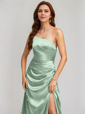 Agave Satin A Line One Shoulder Sleeveless Floor Length Bridesmaid Dress