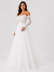 Elegant Off-the-Shoulder Lace Applique Tulle A-Line Wedding Dress with Chapel Train