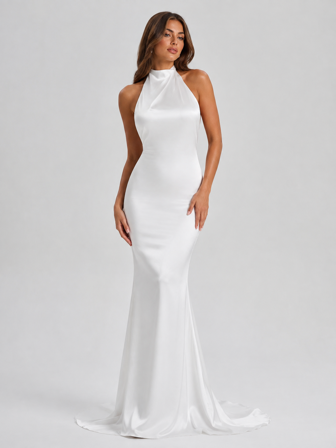 Elegant High-Neck Open-Back Satin Mermaid Wedding Dress with Sweep Train