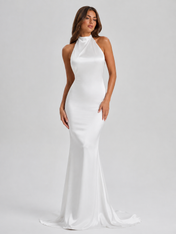 Elegant High-Neck Open-Back Satin Mermaid Wedding Dress with Sweep Train